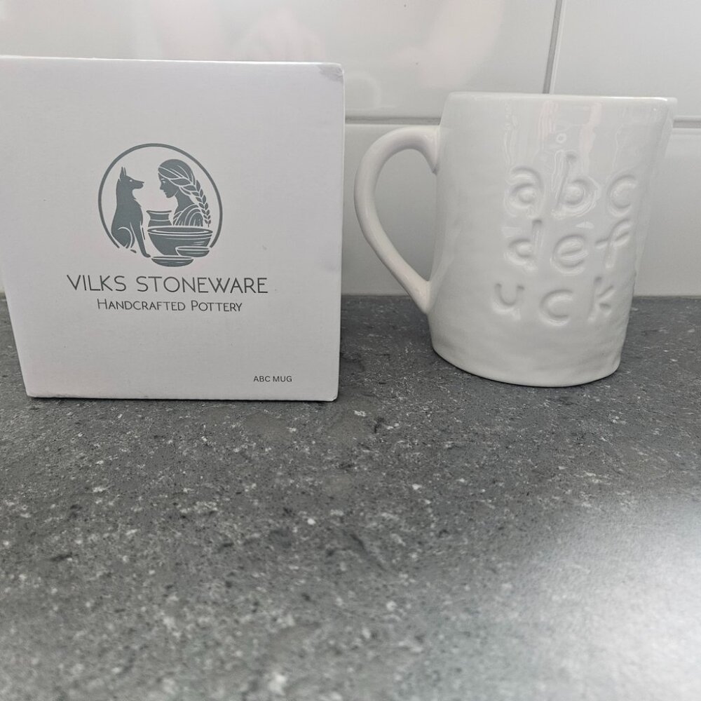 Vilks Stonewear White ABC Mug